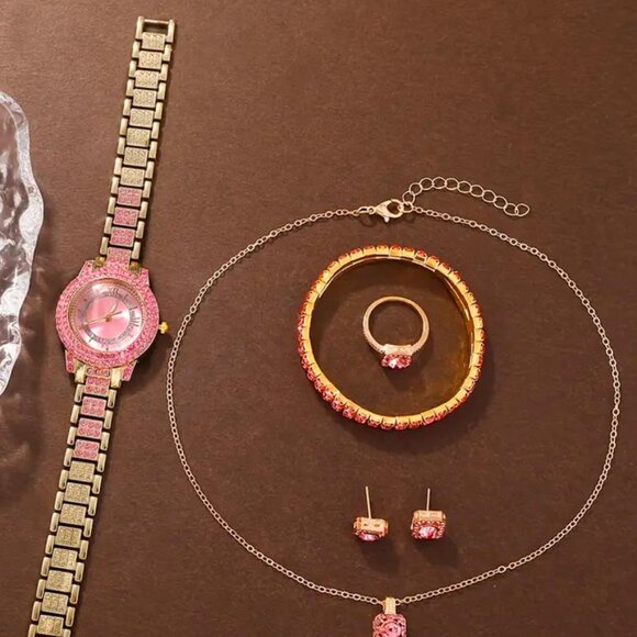 Brand New 6pc Women's Pink & Gold Quartz Watch Set - Picture 2 of 7